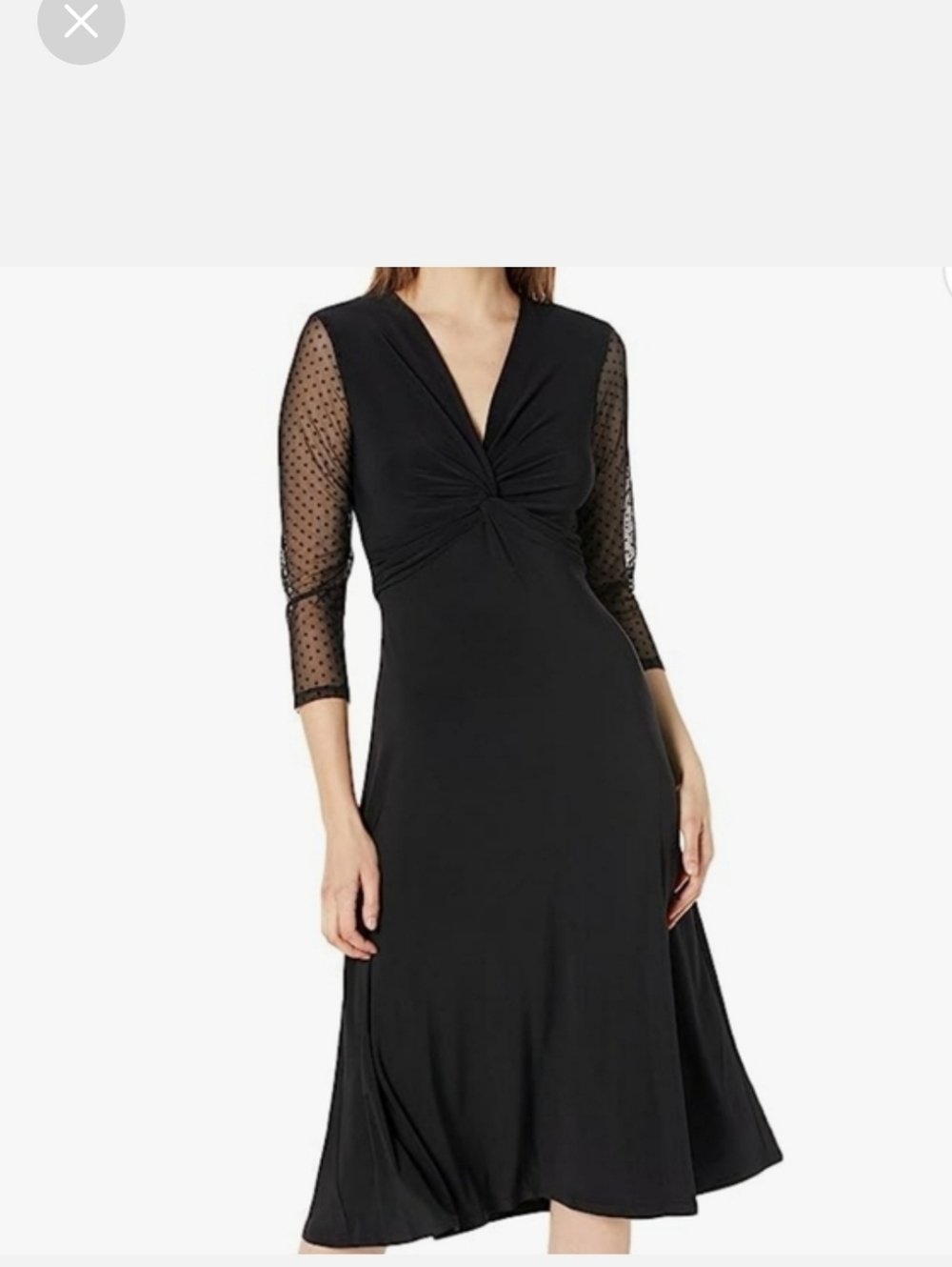 Anne Klien Black V-Neck Twist Midi Dress with Sheer Polka Dot Sleeves,size S.